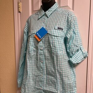 Columbia Women's Aqua Checkered Button Down Shirt